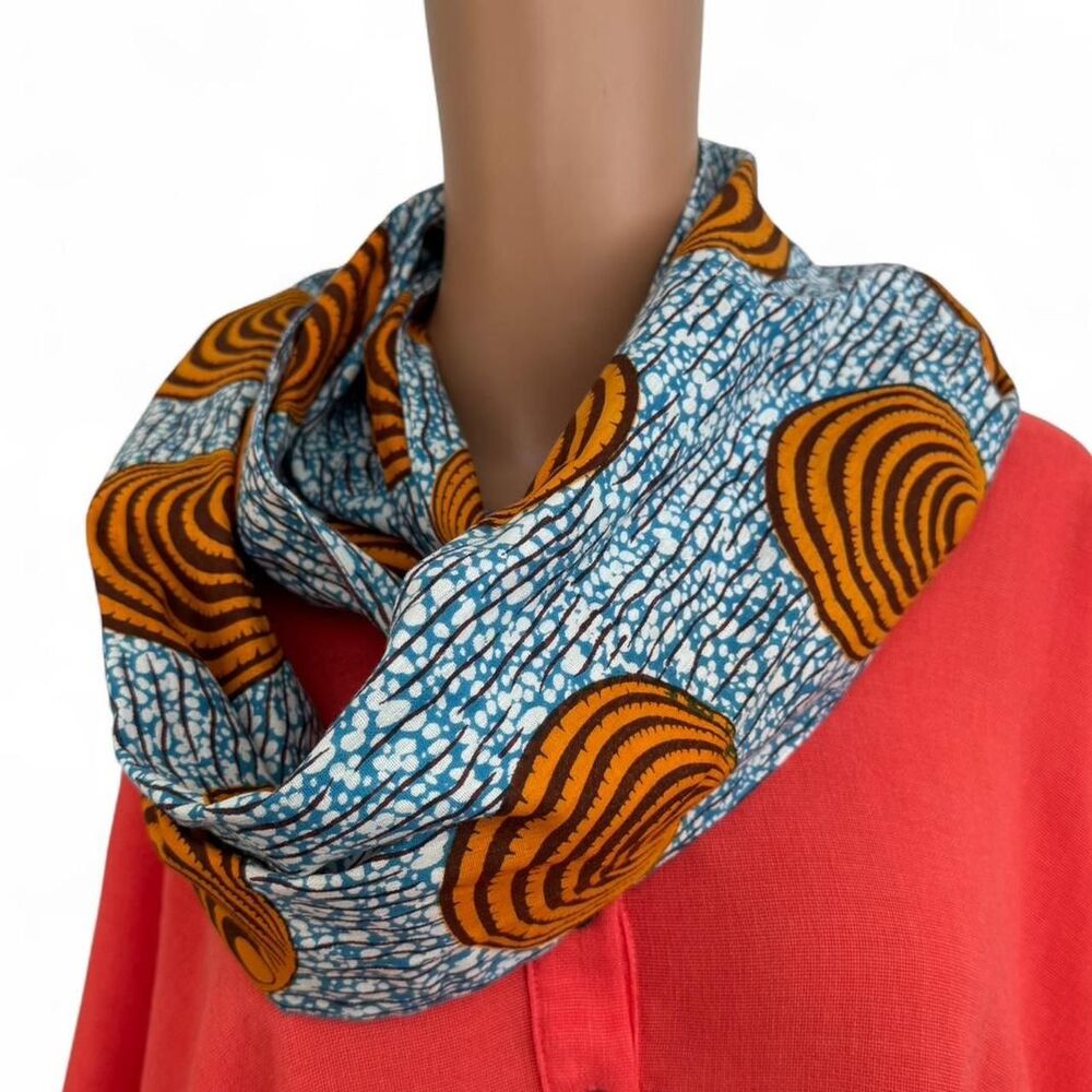 Blue African Orange Print Infinity Scarf Wrap